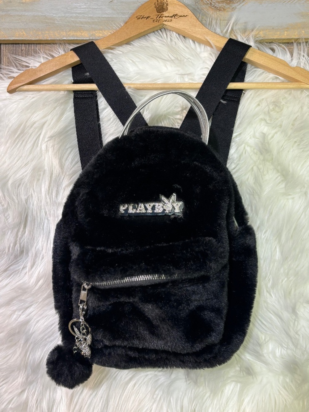 NWOT [Playboy] RARE! Black Pink Faux Fur Rhinestone Mini Backpack Keyring Purse